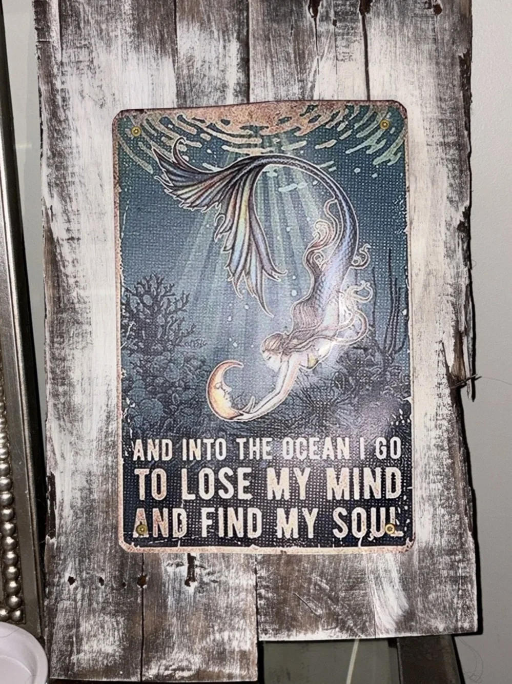 Sea Mermaid Wall Art Sign in Teal and White Mounted on Cape Cod Driftwood